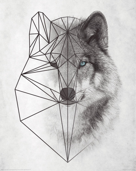 Bild POLYGONIC WOLF in schwarz/weiß/braun aus Holz