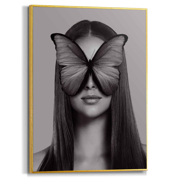 Bild FRAU MIT SCHMETTERLING in schwarz/weiß/braun aus MDF