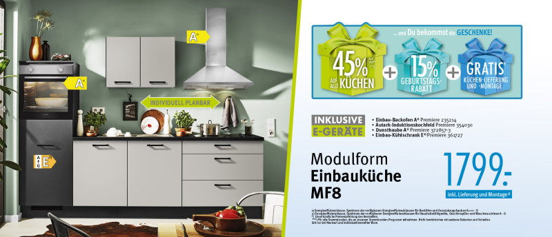 Modulform Einbauküche MF8, 1799€, inklusive Lieferung und Montage, Inklusive E-Geräte