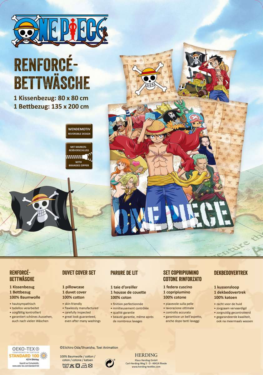 One Piece Bettwäsche-Set 3-teilig - Ace & Ruffy Design, Mikrofaser, Einzel 135x200 Cm