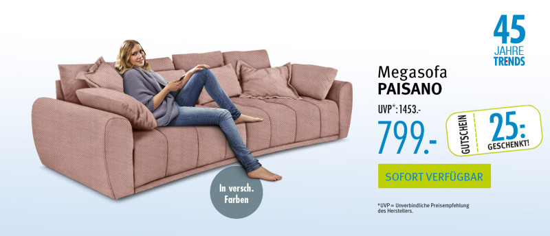 Megasofa Paisano, UVP:1453€, 799€, Sofort Verfügbar, 25€ Gutschein, in Verschiedenen Farben